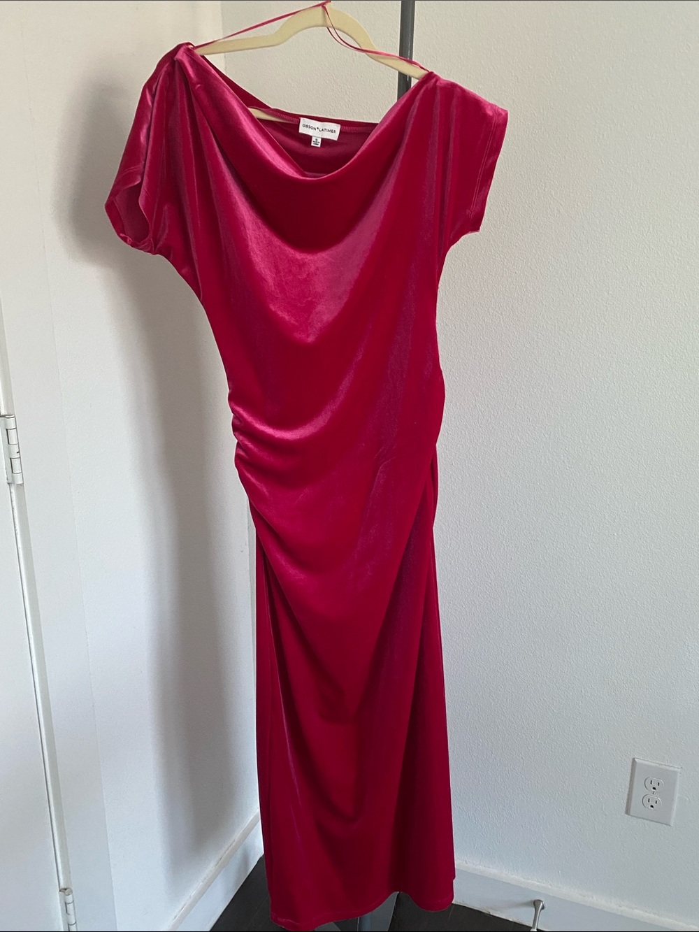 Maggy London Raspberry Velvet Cowl Neck Maxi Dress